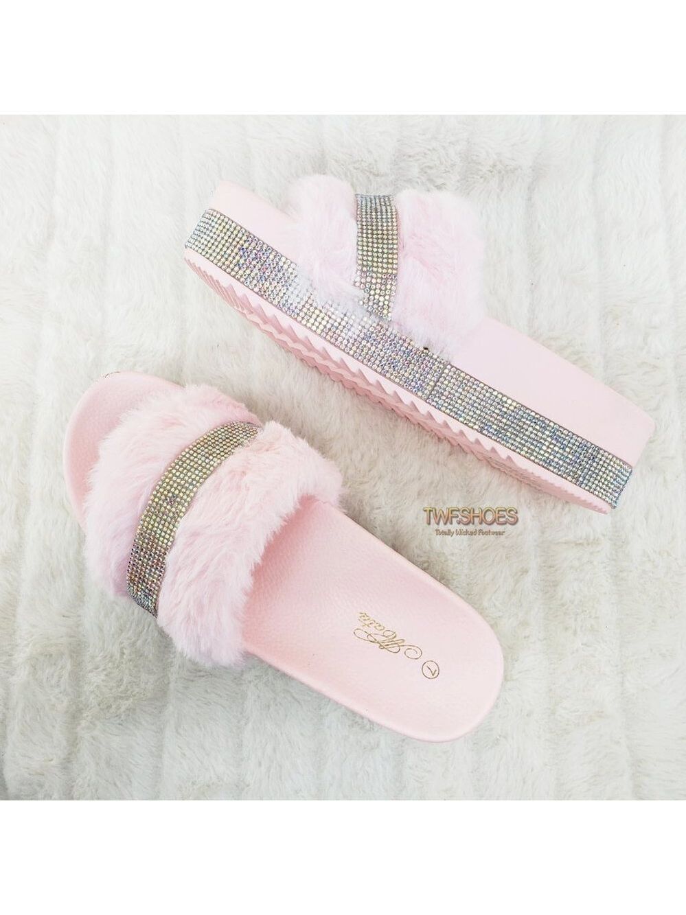 Furry Rhinestone Comfy platform sandals 👡 😍 Baby Pink Blush Faux Fur
